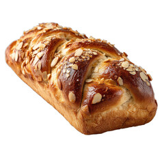 Rich, golden-brown braided loaf with a shiny crust, topped with slivered almonds