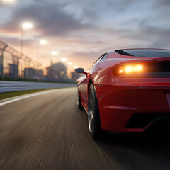 Fototapeta premium Red Sports Car Speeding on a Race Track at Dusk with Motion Blur and Glowing Lights