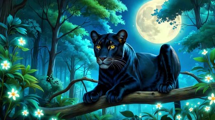 Black panther resting on a tree branch under a bright full moon in a mystical glowing jungle forest at night fantasy wildlife art digital painting wallpaper background - Powered by Adobe