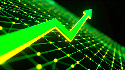 Digital financial growth arrow chart rising upward trend line data analysis success concept abstract technology background neon green glow stock market investment future