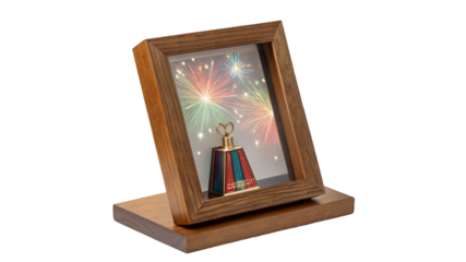 Elegant wooden shadow box display frame showcasing a miniature keepsake urn and festive fireworks isolated on transparent background