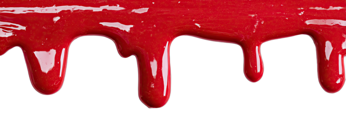 Bright red viscous liquid dripping in strands against a dark background