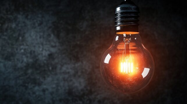 subduers. A glowing lightbulb with visible filament, centered in a dark studio setting. product launch decks, UI/UX mockups, designed for product launches and innovation pitches.