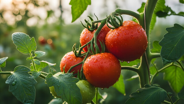 Vibrant red tomatoes glistening with morning dew on a lush green vine in a sun-kissed organic garden, ready for harvest and fresh culinary delights, symbolizing health and natural growth - Powered by Adobe