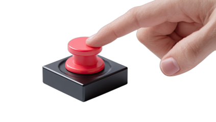 A human finger presses a red button on a black square base