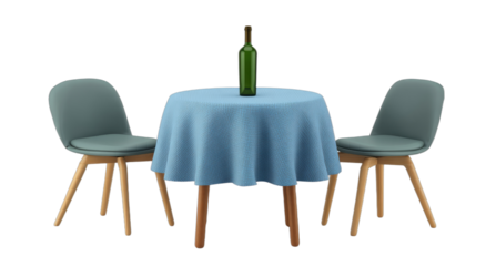 Two chairs and a round table covered with a blue cloth, a bottle on top