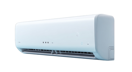 A sleek, white, modern wall-mounted air conditioner unit on a black background