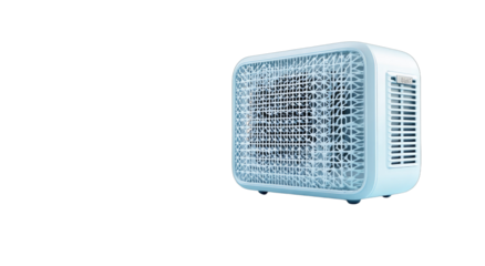 A light blue portable air cooler with a geometric patterned front grill