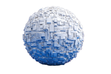 A textured, geometric sphere with a gradient of white to blue on a black background