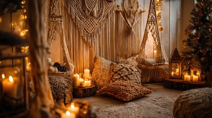 Cozy bohemian interior with candles and macrame creating a warm and inviting atmosphere at home