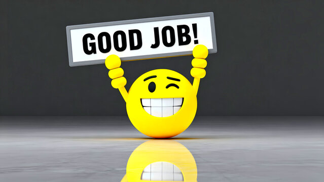 Good job emoji celebration success recognition achievement praise award reward happy smiling winking thumbs up graphic illustration digital 3d render concept award winning performance excellent work w
