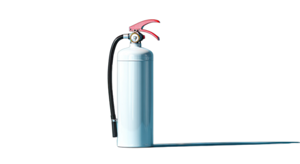 White fire extinguisher with red handle and black hose on a black background