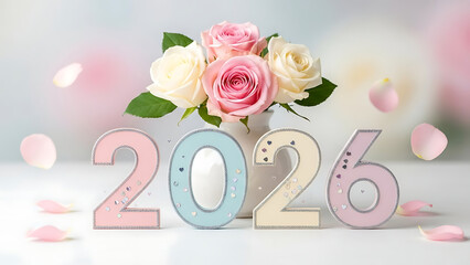 Pastel Floral 2026 New Year Decoration with Soft Roses and Petals