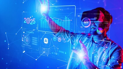 A man experiences virtual reality, engaging with dynamic holographic displays of data and insights, representing the intersection of technology and user experience. Raster - Powered by Adobe