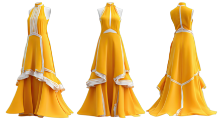 Three views of a flowing, high-neck sleeveless yellow gown with white trim