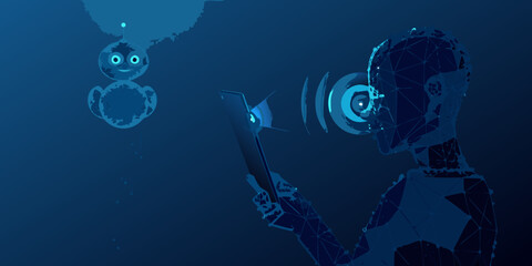 Digital communication robot and humanoid connecting through mobile device in blue © Ranajit