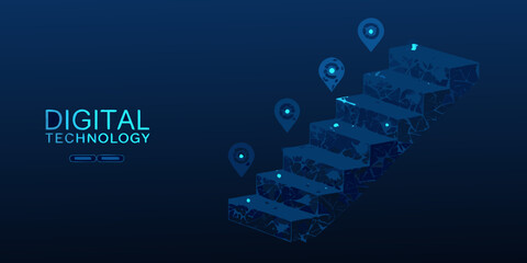 Abstract digital technology stairs with location pins on dark blue background