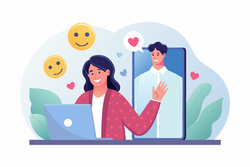 Online dating and video call with a partner on laptop