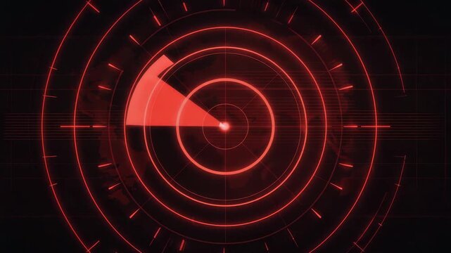 Futuristic Red Radar Interface with Rotating Sweep Over Abstract World Map in Seamless 4K Loop