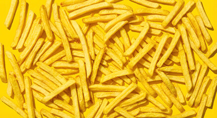 Obraz premium Texture background of crispy golden French fries piled on a bright yellow surface.