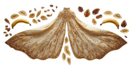 Intricate, surreal moth wings crafted from dried fruit and seeds