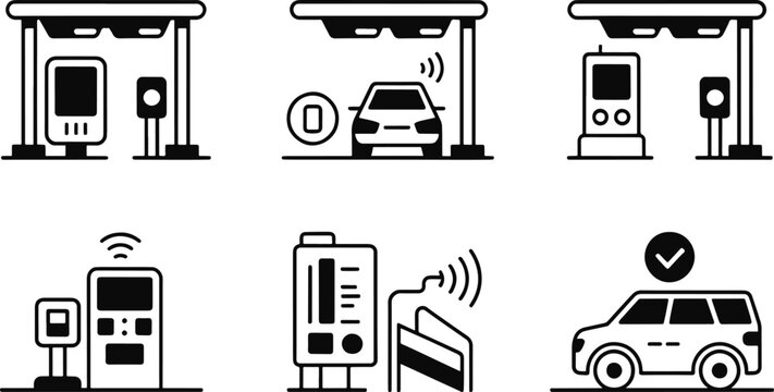 Automatic toll collection and parking access line icon set. Car gate control, wireless payment, and vehicle monitoring vector symbols.