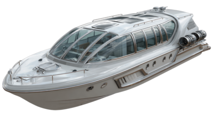 Sleek, modern luxury watercraft with panoramic windows and twin rear thrusters