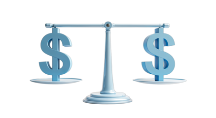 A balance scale weighs two stylized dollar signs, one slightly lower