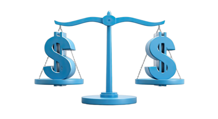 A blue balance scale with dollar signs on both pans, representing financial balance