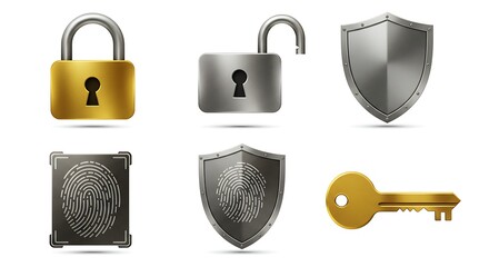 Collection of Security Icons Padlock, Shield, Key, and Fingerprint for Digital and Physical Safety Concepts