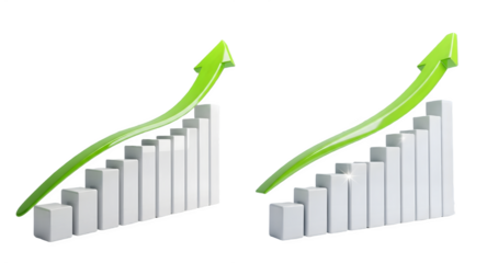3d illustration of two bar graphs with green upward arrows showing growth, financial success, and positive progress, isolated on transparent background