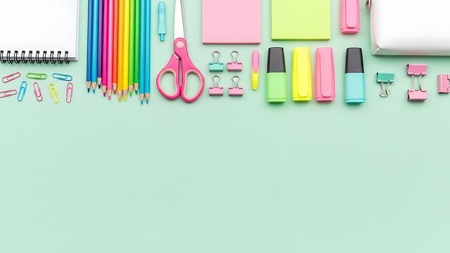 Colorful school supplies border on light green background for creative projects