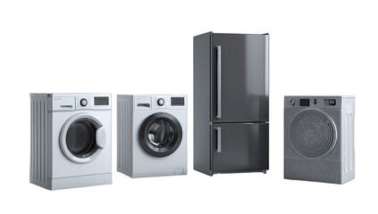 Obraz premium Household appliances including washing machines, a refrigerator, and a dryer