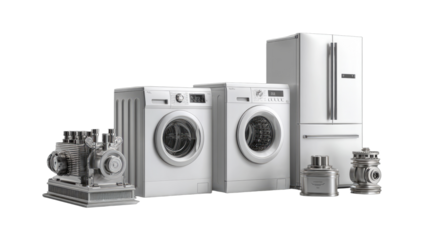 White home appliances and machinery arranged against a black backdrop