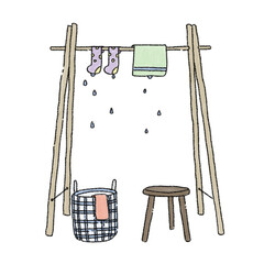 Hand-drawn wooden clothes rack, plaid laundry basket, and stool with wet clothes and dripping water