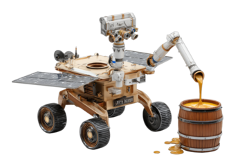Robotic explorer collecting golden liquid from wooden barrel