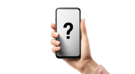 Hand holding smartphone with a question mark on the screen