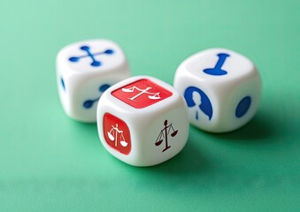 Three white dice with social justice icons