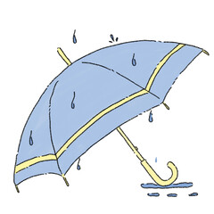 Whimsical hand-drawn open blue cartoon umbrella with raindrops, transparent background