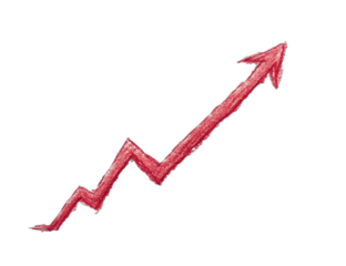 A crayon-drawn red arrow chart with a jagged upward trend against a black backdrop
