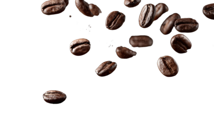 Dark roasted coffee beans scattered in motion against a black background