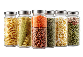 Six clear jars filled with various dry pasta, beans, and lentils