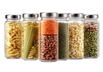 Six clear jars filled with various dry pasta, beans, and lentils