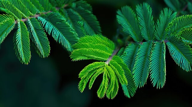 pudica. Mimosa pudica leaves folding closed, macro detail in daylight. gardening catalogs, home-decor guides, designed for home decor and floral branding, used by social media managers.
