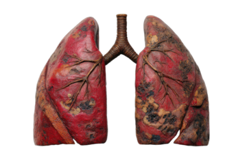 Diseased lungs with visible damage and dark, discolored patches