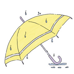 Whimsical hand-drawn open yellow cartoon umbrella with raindrops, transparent background