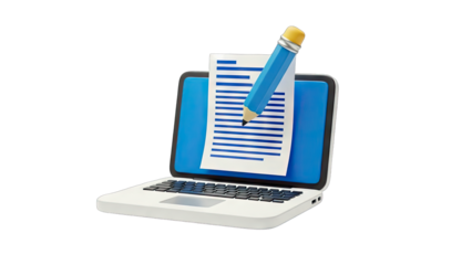 Laptop Writing Document with Pencil, 3D Render
