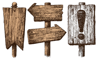 Rustic wooden directional signs with an exclamation mark warning