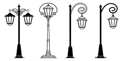 Collection of Minimalist Street Lighting Lamp Icons – Modern Line Art Street Lamp Vector Set, Clean Urban Lighting Symbols, Monochrome Outline Icon Pack”
