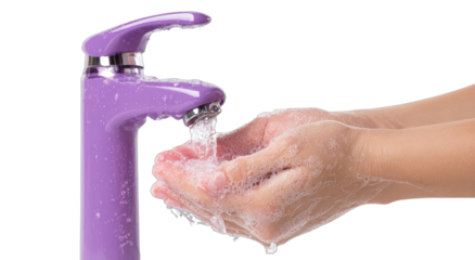 Soap bubbles form in hands as water flows from a purple faucet